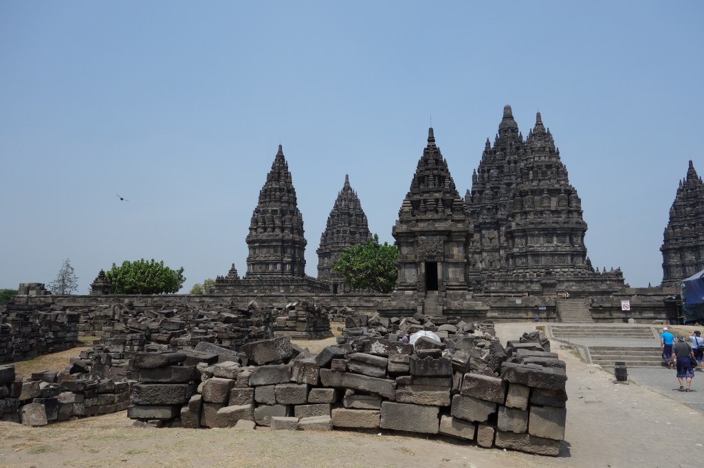 The temple complex is dedicated to the Trimurti, an expression of the main Hindu god as a Creator (Brahma), the Preserver (Vishnu) and the Destroyer (Shiva). Like Borobodur, there are three distinct levels. The lowest is Bhurloka, occupied by mortals, animals and demons; next is Bhuvarloka occupied by holy people and lesser gods; and finally Svarloka, the highest and holiest realm of the gods themselves.